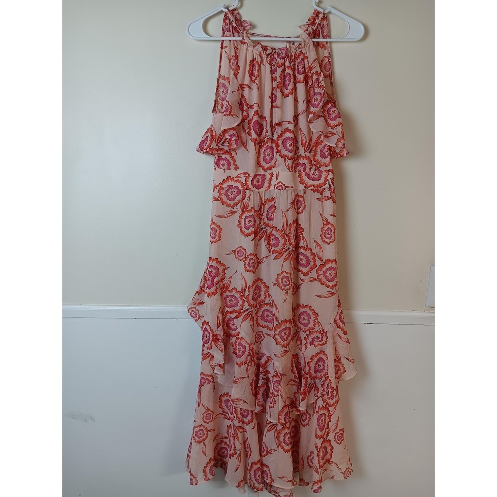 Whistles Dress Womens 0 Pink Floral Maxi Scoop Neck Strappy Ruffle Chiffon